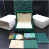 Toppkvalitet Dark Green Watch Box Gift Woody Case For Watches Booklet Card Taggar och papper i engelska Swiss Clock Boxes Ship304s