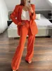 Womens Two Piece Pants PTYSIC Women Officewear With Full Sleeve Single Button Flap Pockets Blazer Coat Flare Business Style Female Sets 230209