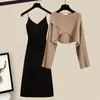 Deux pièces robe coréenne automne croix tricoté pull noir fronde Mini élégant femmes jupe ensemble femme tenue 230209