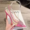 Suojialun Sandal Women Sandals Fashion Crystal Bring Bling Ladies Elegant Slingback PVC Thin High Heel Party Dress Shoes T230208 88