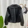 Womens Leather Faux FMFSSOM Spring Women Short Jacket Single Button Black Moto Biker Windproof Coat Warm Turn Down Collar Outwear 230209