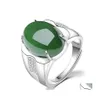 Solitaire Ring Sliver Women Jewelry Emerald Gemstones Jade Oval Green Adjustable Stone Jasper Rings Drop Delivery Dhubt