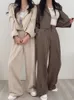 Kadınlar iki parçalı pantolon güneşli zarif blazer setleri kadınlar için gevşek kırpılmış takım elbise geniş bacak seti Kore bahar sonbahar kıyafetleri 230209
