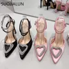 Женские сандалии бренд Suojial High New Thin Heels Fashion Love Crystal Buckle Указанная на ногах Slingbacks Shoes Ladies Elegant Pumps T230208 428
