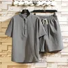 Men's Tracksuits MrGB Summer Stand Collar Men's Shorts Suit Cotton Linen Solid Color Short Sleeve T-shirt Button Male Chinese Two Pieces