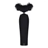 Casual Dresses Chic Feather Maxi Dress Strapless Short Sleeve High midja Hollow Cut Out Long Black Fashion Banket Evening