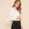 Giacche da donna Kalenmos Tinta unita Giacca di jeans Donna Casual Bianco con frange a maniche lunghe Risvolto monopetto Streetwear Cappotto corto 2023