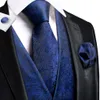 Mens Vests Silk and Tie Business Formal Dresses Slim Vest 4PC Necktie Hanky cufflinks for Suit Blue Paisley Floral Waistcoat 230209