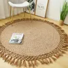 Tapis Nordic Jute Tissé Tapis rond Tapis de couleur unie avec gland japonais simple table basse tapis de sol décoration de la maison mélange