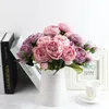 Dekorativa blommor 30 cm Silk Peony Bouquet Rose Pink Artificial 5 Big Head och 4 Bud Fake Plants for Wedding Home Party El Decoration