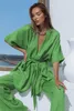 Kvinnors tvåbitar byxor BornLadies Green Cotton Semesterbyxor Suits Casual 2 Pieces Half Hleeves Wrap Shirts and Wide Leg Summer Outfits 230209