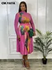 Tvådelad klänning cmyaya veckad tryckt kjoluppsättning för kvinnor elegant långärmad t -shirt sexig kvinnkläder 230209