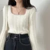 Moda Mulher Moda Coreana Fluffy Kniting Pullover Woman Collar Sweater Longa Mulher Mulher Cor Solid Swep Top Feminino Drop 230208