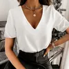 T-shirt Femme S-XL Chemise Blanche Mode Femmes Solide Manches courtes Dentelle Hollow Out Slim Sexy Blouse Casual Tops V-Col Tempérament T5 Y2302