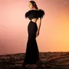 Casual Dresses Chic Feather Maxi Dress Strapless Short Sleeve High midja Hollow Cut Out Long Black Fashion Banket Evening