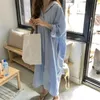 Casual Dresses Vintage Spring Maxi Long Dress Sleeve Turn Down Collar Lady Women Loose Shirt Cotton Button Up Clothes BlueCasual