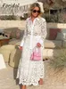 Two Piece Dress Spring Women Summer White Lace Set Hollow Out Embrodery Shirt Skirt 2 Pcs Robe Outfits Single Breasting Cotton Maxi 230209