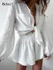 Women's Tracksuits Bclout Linen Ruffle Shorts Sets Two Pieces Outfits Women Autumn Lantern Sleeve White Tops Party Elastic Waist Shorts Suits 230209