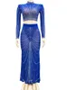 Two Piece Dress Beyprern Gorgeous Sheer Mesh Crystal Crop Top And Maxi Skirt Set TwoPiece Luxury Diamonds Party Christmas Gowns 230209