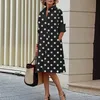 Lässige Kleider Herbst einfaches Hemdkleid lässig einfarbig mit langen Ärmeln Mode Umlegekragen Elegante Tasche Streetwear Damenkleider 230209