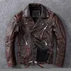 Men's Leather Faux Leather Vintage Brown Motorcycle Leather Jacket Men Natural Genuine Cowhide Jackets Autumn Slim Fit Biker's Ooblique Zipper Coat 230208