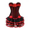 Bustiers & Corsets Red Strip Corset And Lace Mini Short Skirt Straps With Cup Lingerie Showgirl Dance Dress S-2XL