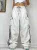 Jeans femme Baggy blanc pantalon taille basse Cargo Jogging à lacets jambe large côté rayure Streetwear ample Denim pantalon 230209