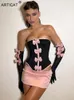 Zweiteiliger Kleid Articat sexy trägerlose Bögen trimm Frauen Sets schwarze Handschuhe Tops Pink Röcke weiblich Sommer Skinny Fashion Party Clubwear 230209