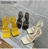 グリーン女性新しいメッシュブランドポンプSuojialun Sandals Shoes Ladies Thin High Heel Lace up Crosstied Dress Rome Sandal Big Size 42 T230208 918