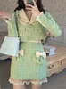 Robe de deux pièces automne hiver doux tweed jupe à carreaux costume femmes mignon noeud dentelle vestes en laine mini jupes vert élégant ensemble femmes 2 pièces chic 230209