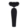 Casual Dresses Chic Feather Maxi Dress Strapless Short Sleeve High Waist Hollow Cut Out Long Black Fashion Banquet Evening