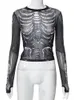 Женская футболка Goth Dark Skeleton Print Mesh Mall Mall Gothic Women Tr Рубашки Гранж Эстетические Свидеть через сексуальные топы урожая emo черная egirl alt Одежда 230208