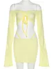 Two Piece Dress ALLNeon Y2K Aesthetics Sexy Coord Sets Yellow 2000s Clubwear Off Shoulder Flare Sleeve Crop Tops and Micro Skirt 2 Suits 230209