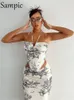 Two Piece Dress Sampic Women Skirt Suit Sexy Halter Y2K Print Corset Crop Tops And Wrap High Waist Midi Set Summer Outfits 230209