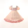 Kız Elbiseler Açık Pembe Pullu Çiçek Elbise Tül Balo Elbise Çocuklar İçin Vintage Square Yaka Prenses Kolları Vestidos De Comunion