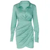 Casual Dresses Solid Satin Women Long Sleeve V Neck Ruched Wrap Mini Dress Bodycon Sexy Party Elegant 2023 Autumn Winter Clothes