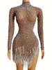 Röd Svart Strass Pärlor Klänningar Röda fransar High Neck Mesh Bodycon Dress Bar Födelsedag Fira Klänning Kvinnor Dans Outfit