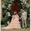 Mexicano rosa quinceanera vestidos com babados camadas elegante fora do ombro espartilho volta doce 16 vestido robe de baile vestidos de noite 1253406