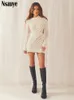 Casual Dresses Nsauye 2022 Summer Autumn Knitted Striped Pullover See Through Long Sleeve Mini Wrap Sexy Club Hollow Out Y2302