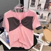 Women's T-Shirt Sexy Cute Pink Bow Tees Short Sleeve T-shirt Summer New Loose Large Spice Girl Hollow Tie Stitched Top Y2302