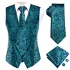 Mens Vests Novely Slim 4pc Vest Slips Hanky ​​Cufflinks Silk Waistcoat Neck Tie Set For Suit Dress Wedding Paisley Floral Fat 230209