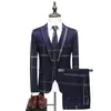 メンズスーツブレザーウェディング格子縞の青い灰色のジャケットパンツベスト3 PCSセット202スリムフィットビジネスタキシードドレスクラシックフォーマルコート230209