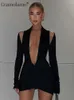 Casual Dresses Sexig långärmad halter Backless Bodycon Mini Dress Women Elegant Black Hollow Out Party Club Outfits Tight 2022 Autumn Y2302