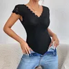 Kvinnors shapers sommar sexig bodysuit Shapewear Women's Deep v Long Sleeve Short Slim Fit Stretchy Casual Tshirts Tops