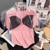 Women's T-Shirt Sexy Cute Pink Bow Tees Short Sleeve T-shirt Summer New Loose Large Spice Girl Hollow Tie Stitched Top Y2302