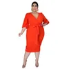 Plus size Dresses SOMOIA Plus Size Women Clothing Casual Simple Solid Half Sleeve V-neck Dress Mid-length Skirt Dresses Birthday Party Dresses 230209