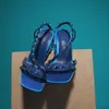 Sandały Traf Kobiety z koralikami Pasek na pięcie Sandał Sandał Sandał 2022 Zielone pompki Hdiamond Luksusowe ślubne buty na obcasie Sexy Blue Slingback Heels T230208