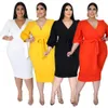 Plus size Dresses SOMOIA Plus Size Women Clothing Casual Simple Solid Half Sleeve V-neck Dress Mid-length Skirt Dresses Birthday Party Dresses 230209