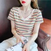 Women's T-Shirt Summer New Rainbow Stripe Short Sleeve T-shirt Women Korean V-neck Top Womens Blouses Tops Slim Sexy Y2302