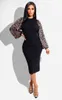 Sequins Puff Sleeve Bodycon Dresses Women Casual Crew Neck Slim Mid Pencil Dress Free Ship